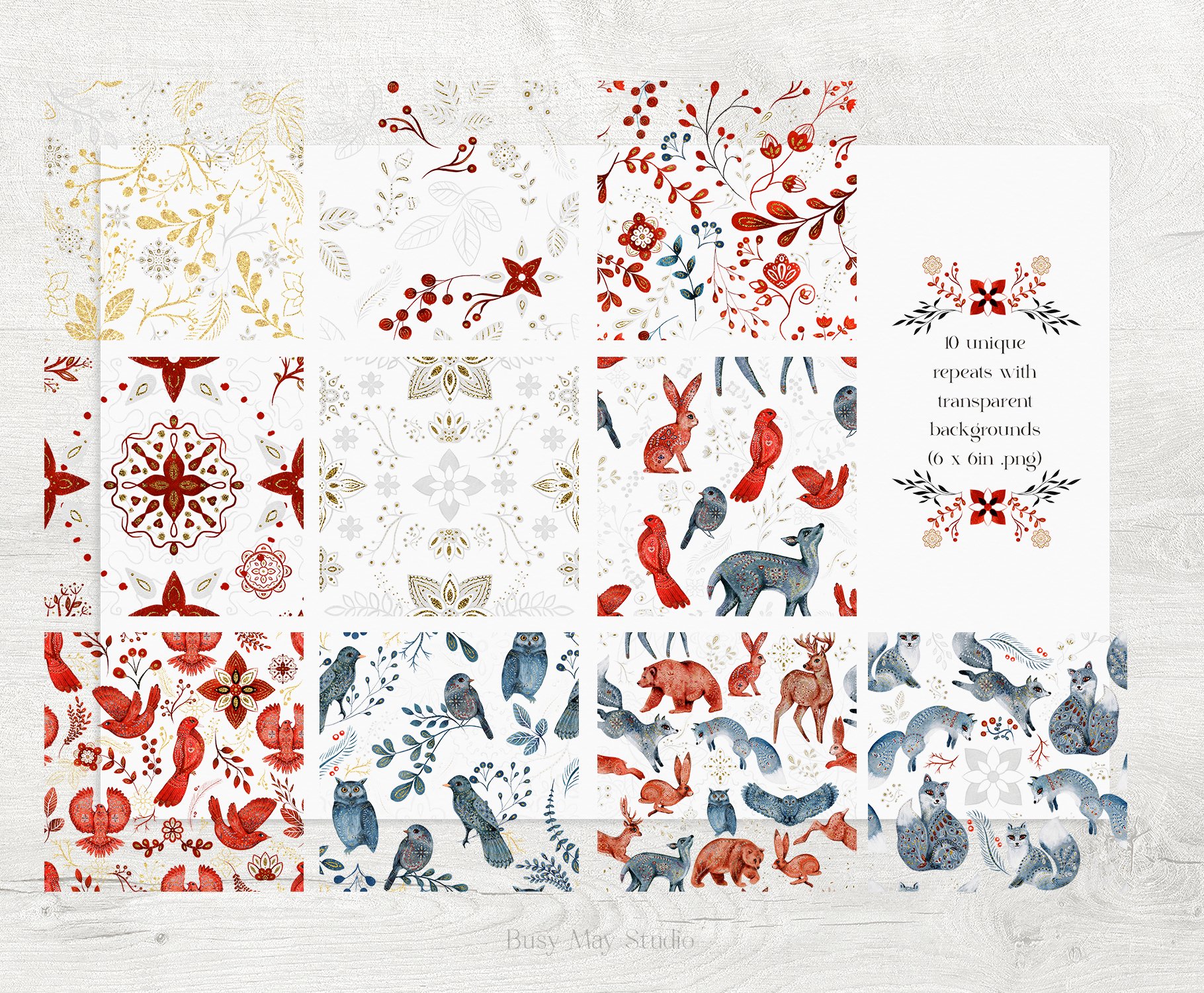 977 动物炫彩无缝图案背景素材Taika- Folk Seamless Patterns