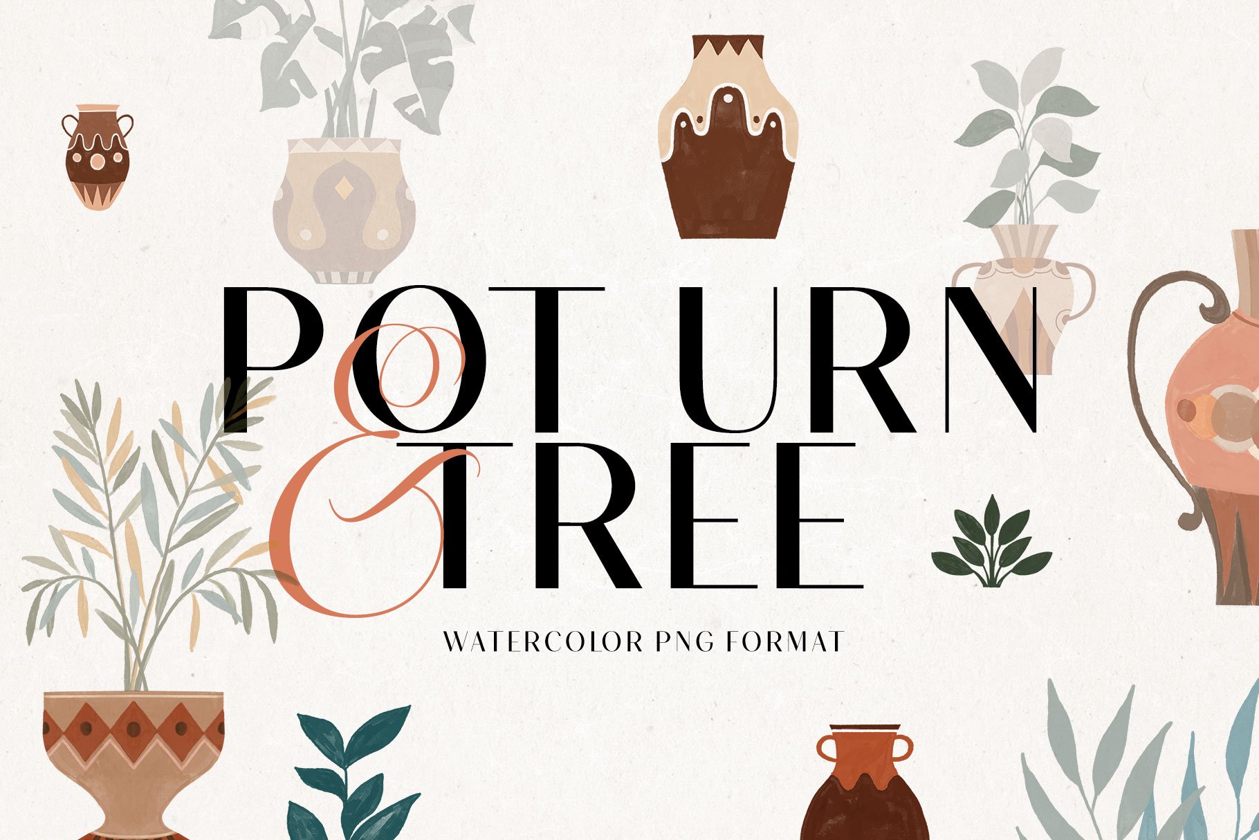 980 复古水彩花卉花盆免抠素材Pot Urn and Tree Watercolor