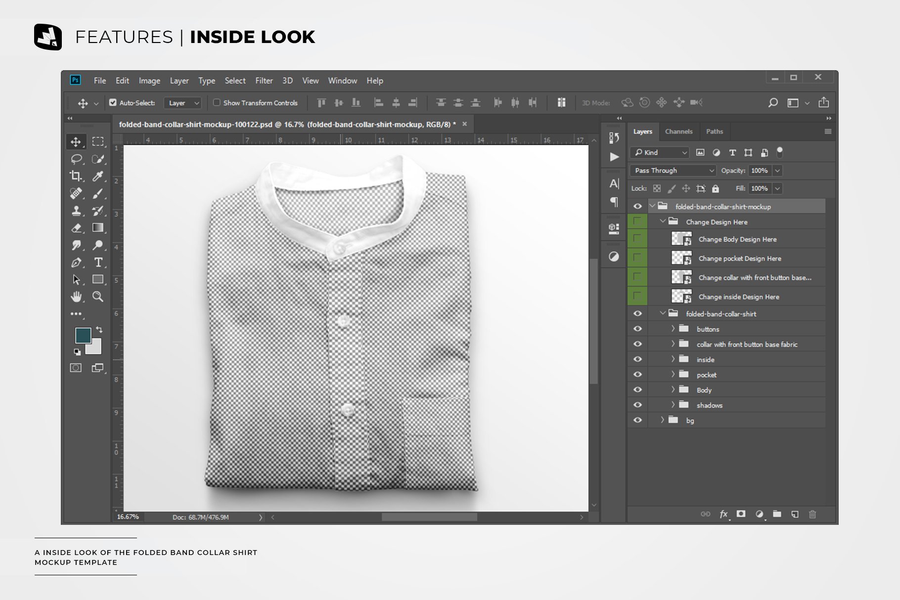 1000 折叠带领衬衫样机 Folded Band Collar Shirt Mockup