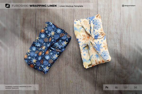 998 亚麻布包裹礼盒包装样机Furoshiki Wrapping Linen Mockup