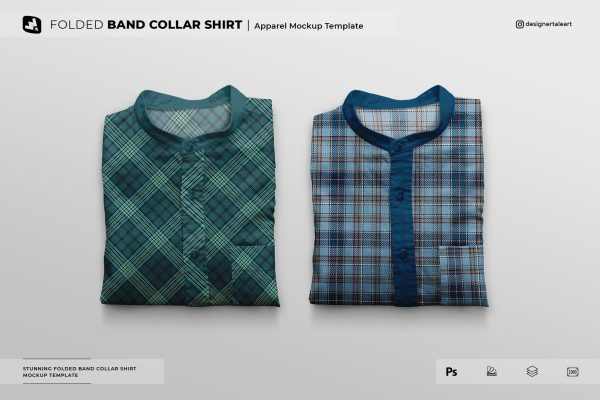 1000 折叠带领衬衫样机 Folded Band Collar Shirt Mockup