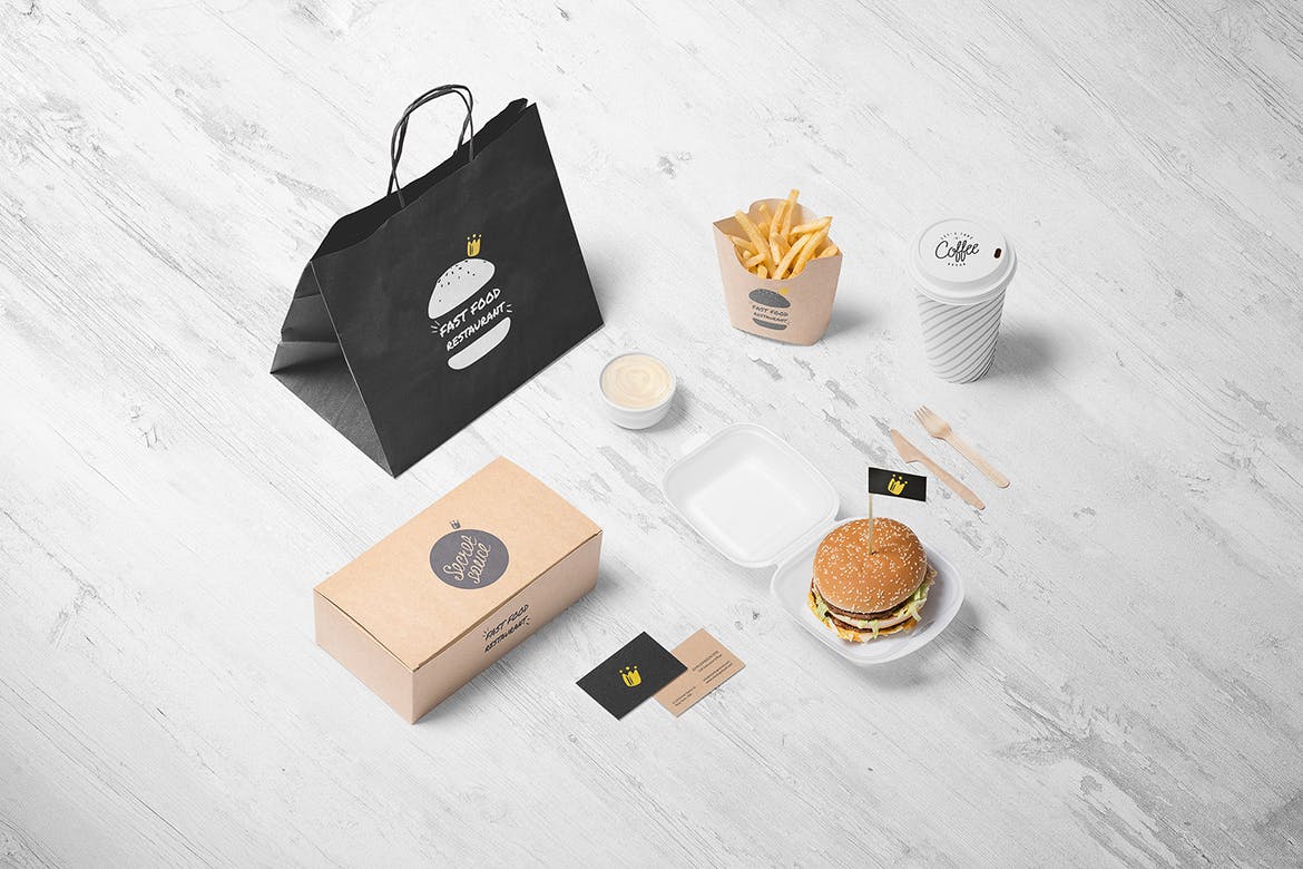 484 可商用外卖汉堡薯条打包包装设计样机 Burger Store Free Branding Mockup