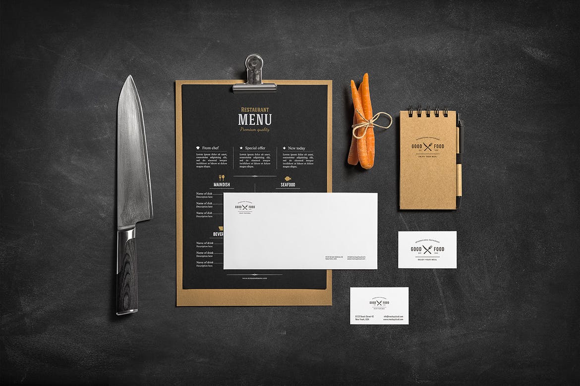 490 可商用高级食物餐饮品牌VI办公品展示样机 Restaurant & Bar Free Branding Mockup