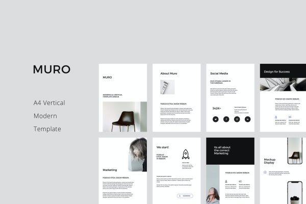 A4竖版个人简介作品展示主题PPT幻灯片模板 muro-powerpoint-modern-a4-vertical-template