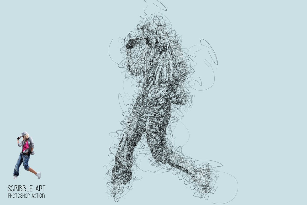 1022 涂鸦线条图像处理PS动作一键特效 Scribble Art Photoshop Action