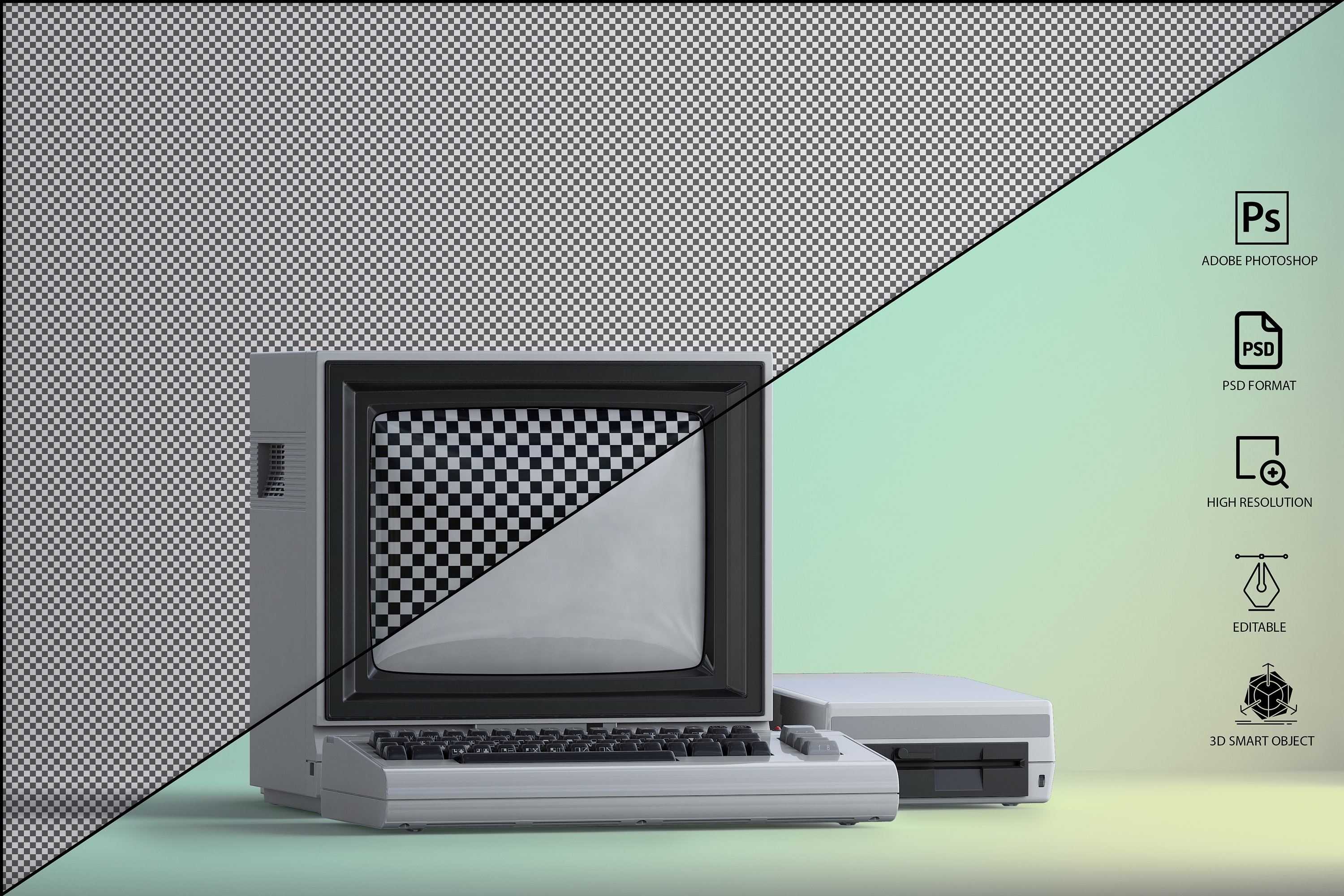1031 三维渲染复古老物件旧电脑CRT显示器展示样机PSD模板 Commodore 64 Old pc Mockup