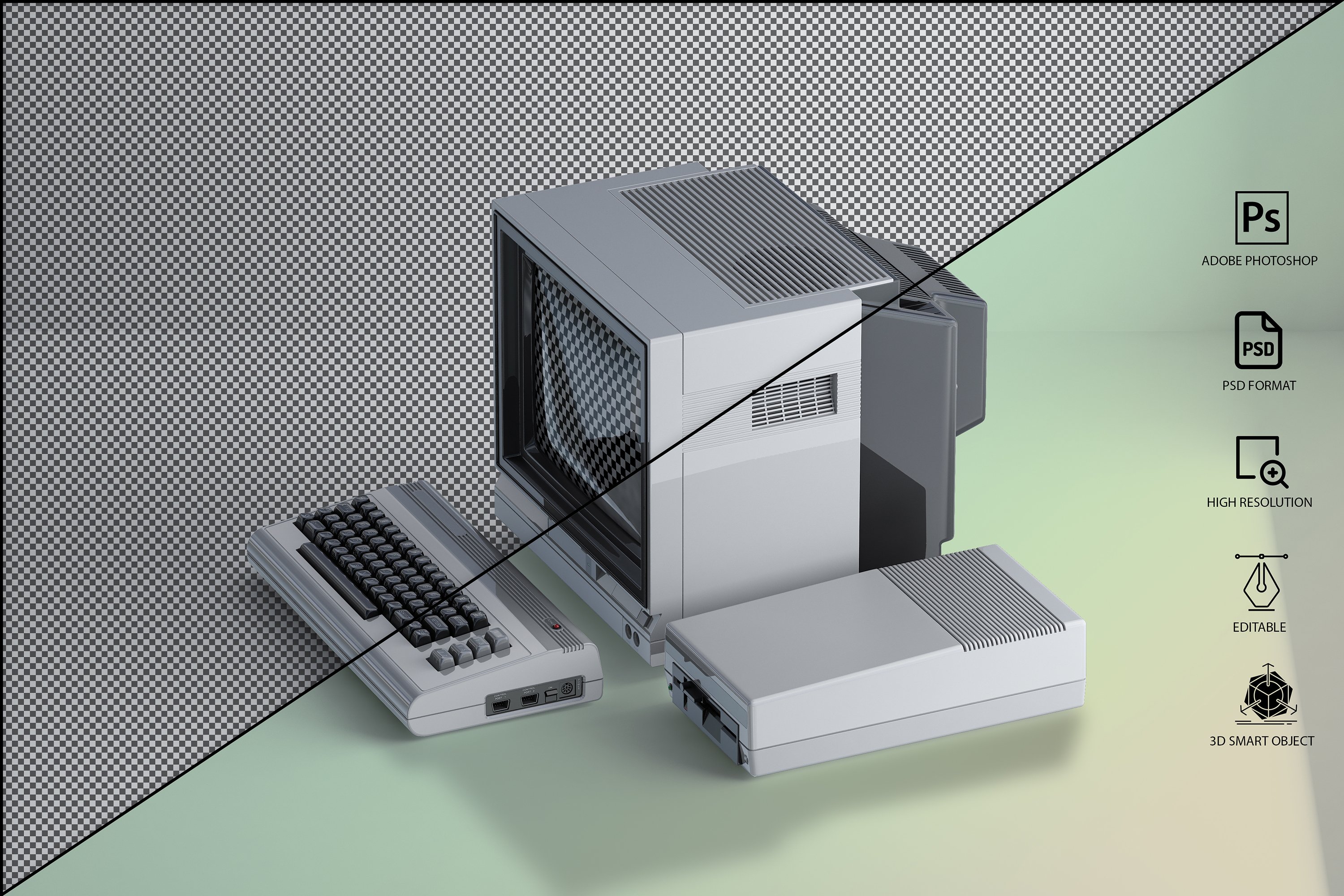 1031 三维渲染复古老物件旧电脑CRT显示器展示样机PSD模板 Commodore 64 Old pc Mockup