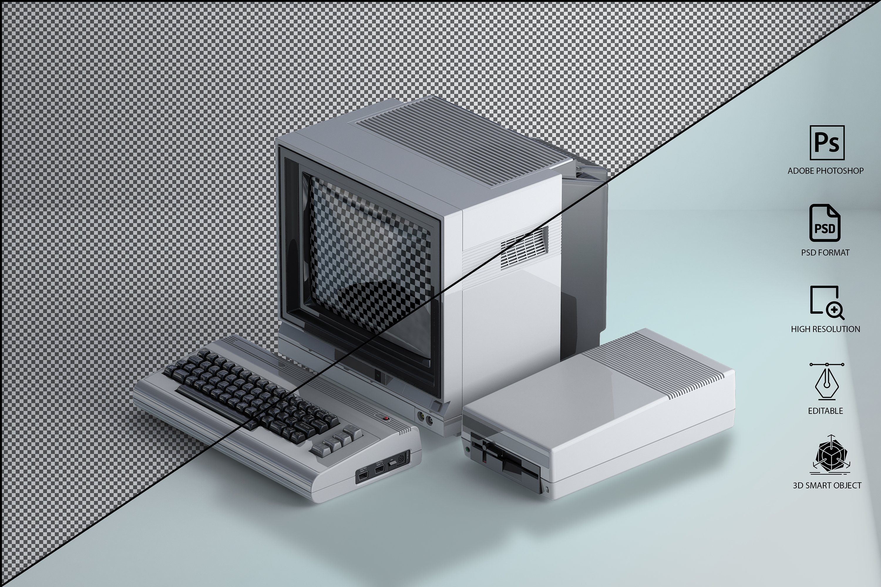 1031 三维渲染复古老物件旧电脑CRT显示器展示样机PSD模板 Commodore 64 Old pc Mockup