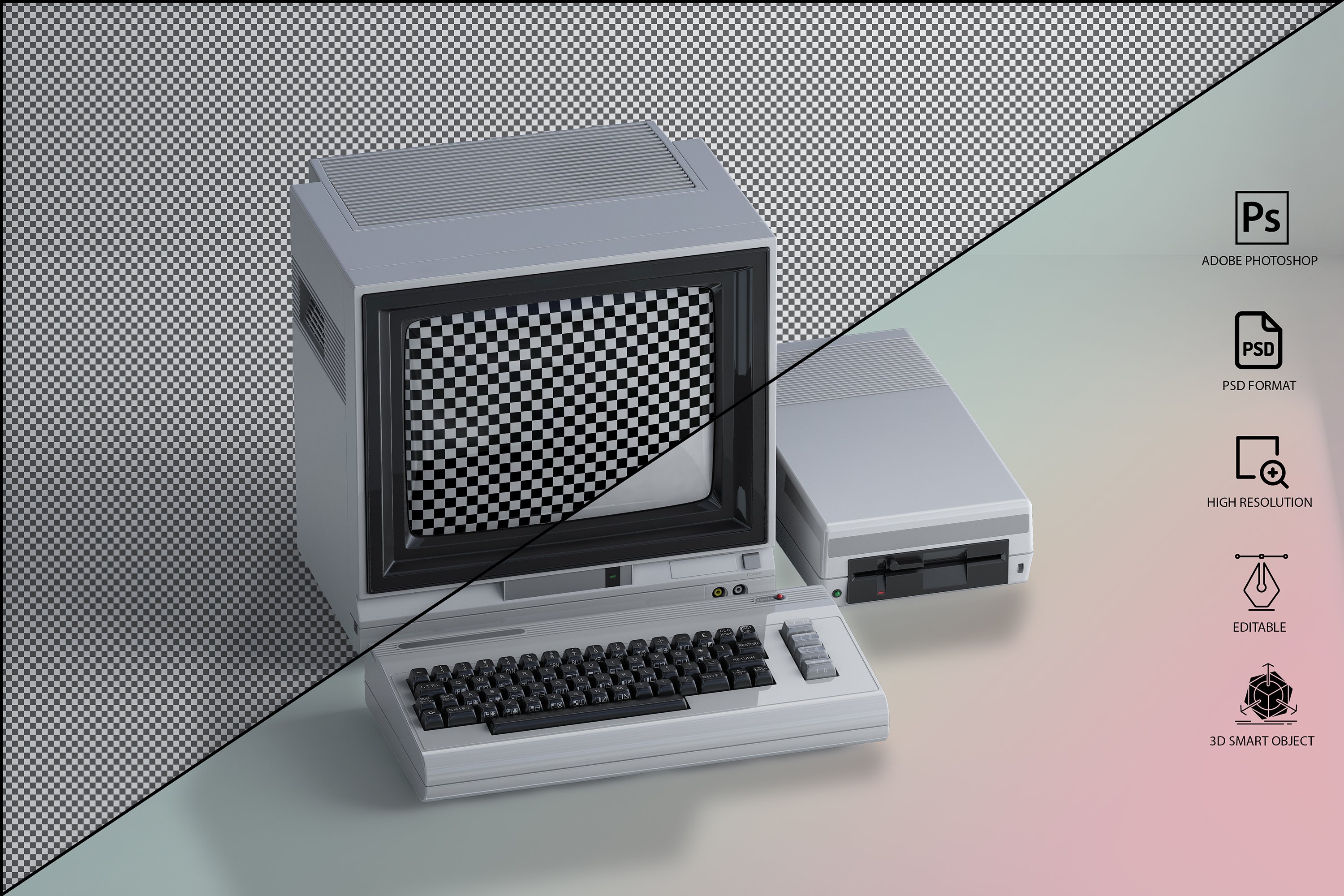 1031 三维渲染复古老物件旧电脑CRT显示器展示样机PSD模板 Commodore 64 Old pc Mockup