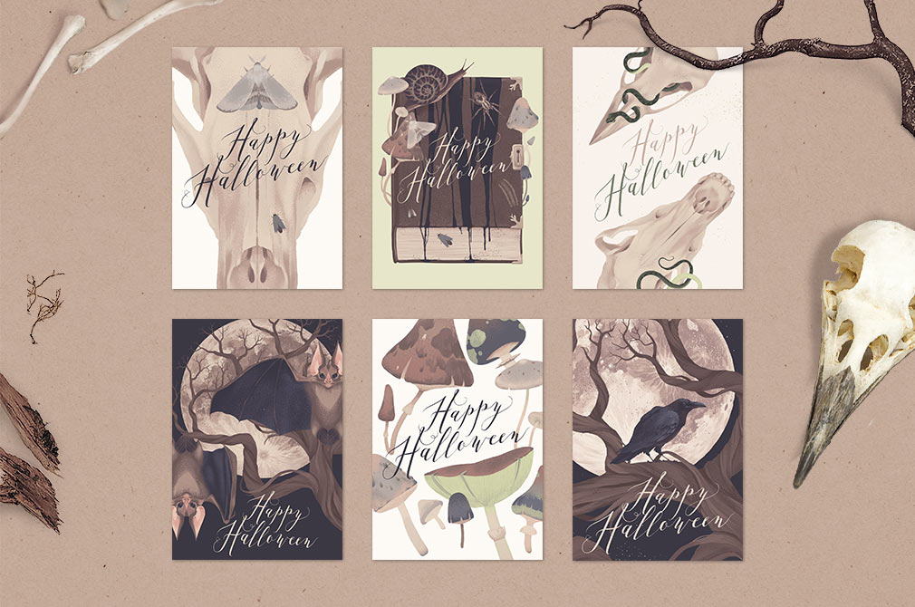 1049 可商用复古万圣节插画PSD素材 Natural Halloween Graphic Set