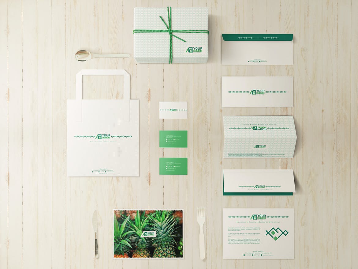 086 食品生鲜水果绿植品牌VI元素样机 Food Market Branding Mockups