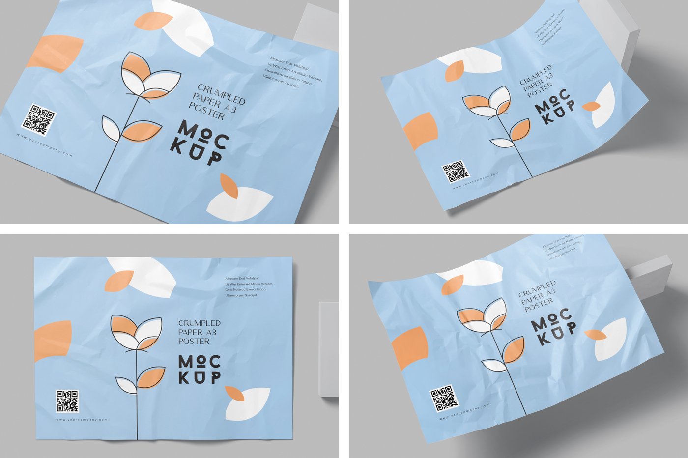 122 A3褶皱海报纸张PSD样机 A3 Landscape Crumpled Poster Mockups