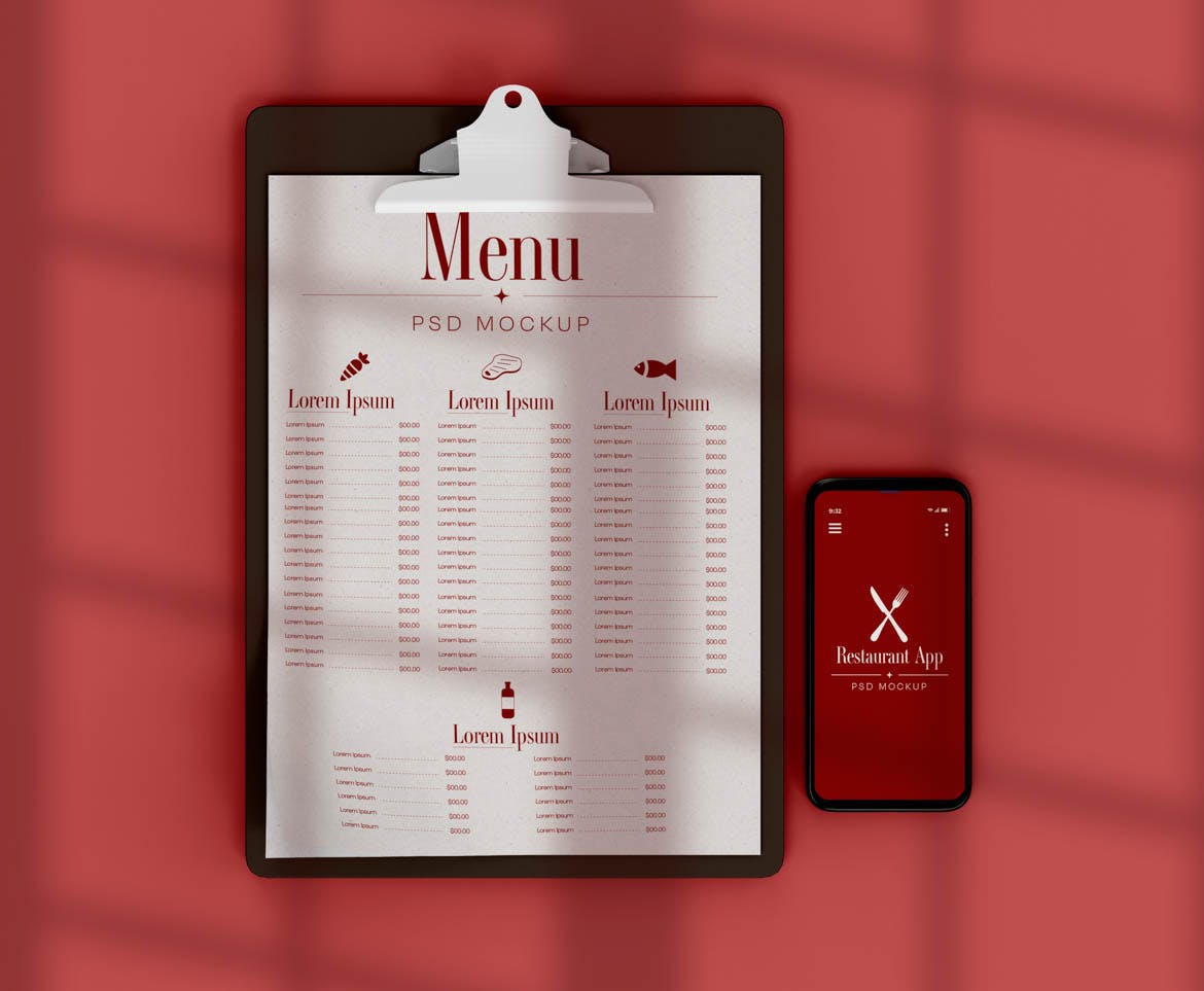 149 菜单和餐厅点餐应用程序样机Menu & Restaurant App Mockup