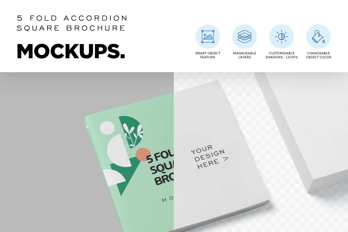 152 方形5折页画册宣传册样机5 Accordion Square Flyer Mockups