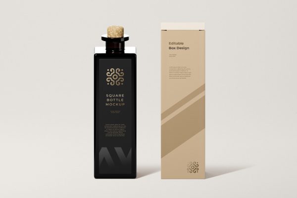 100 带盒子方形化妆品包装样机Square Bottle With Box Mockup