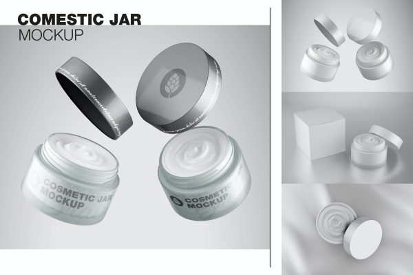 145 带盒子模型的奶油化妆品护手霜罐PSD样机Cream Cosmetic Jar with Box Mockup