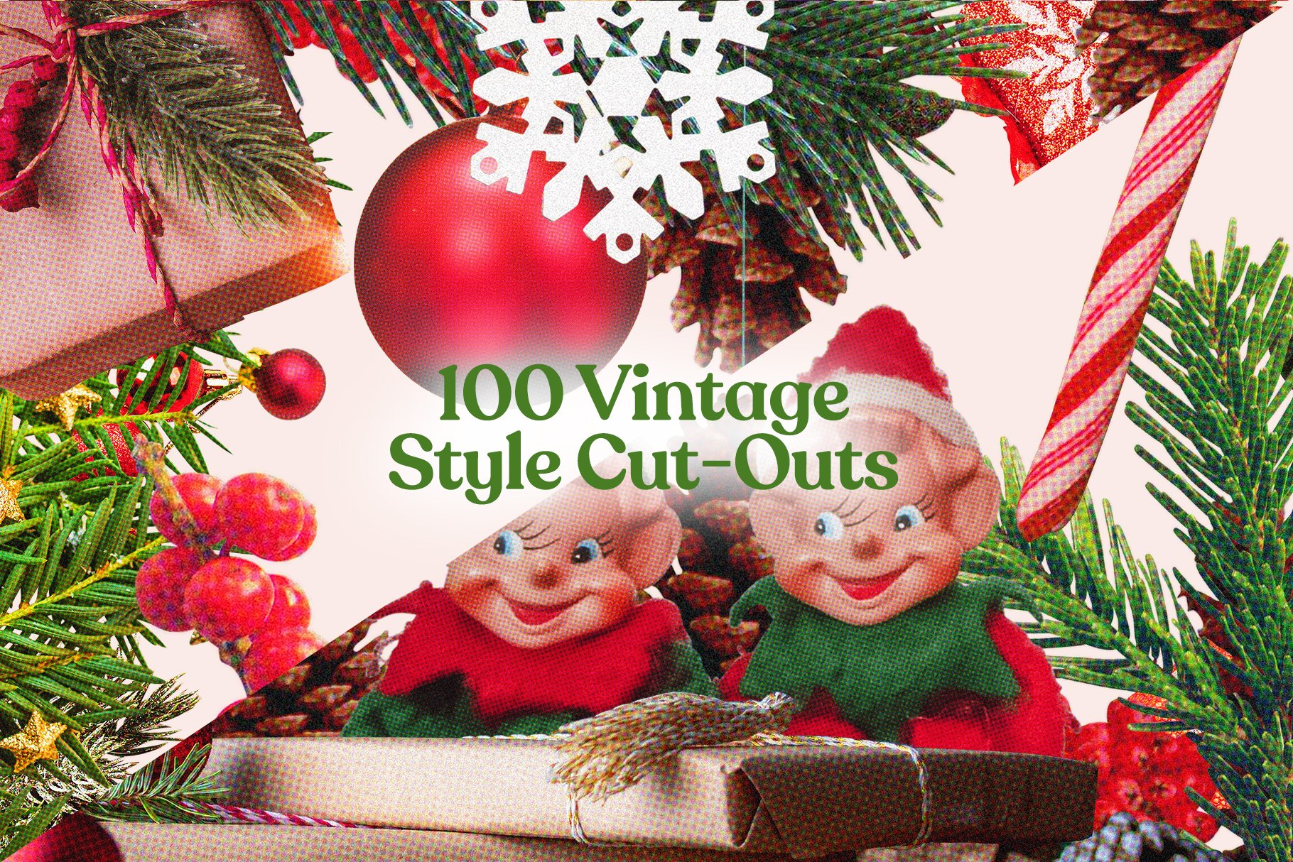 1084 106款潮流复古半调怀旧圣诞节新年礼物png免抠剪纸拼贴设计素材 Vintage-Christmas-Cut-Outs
