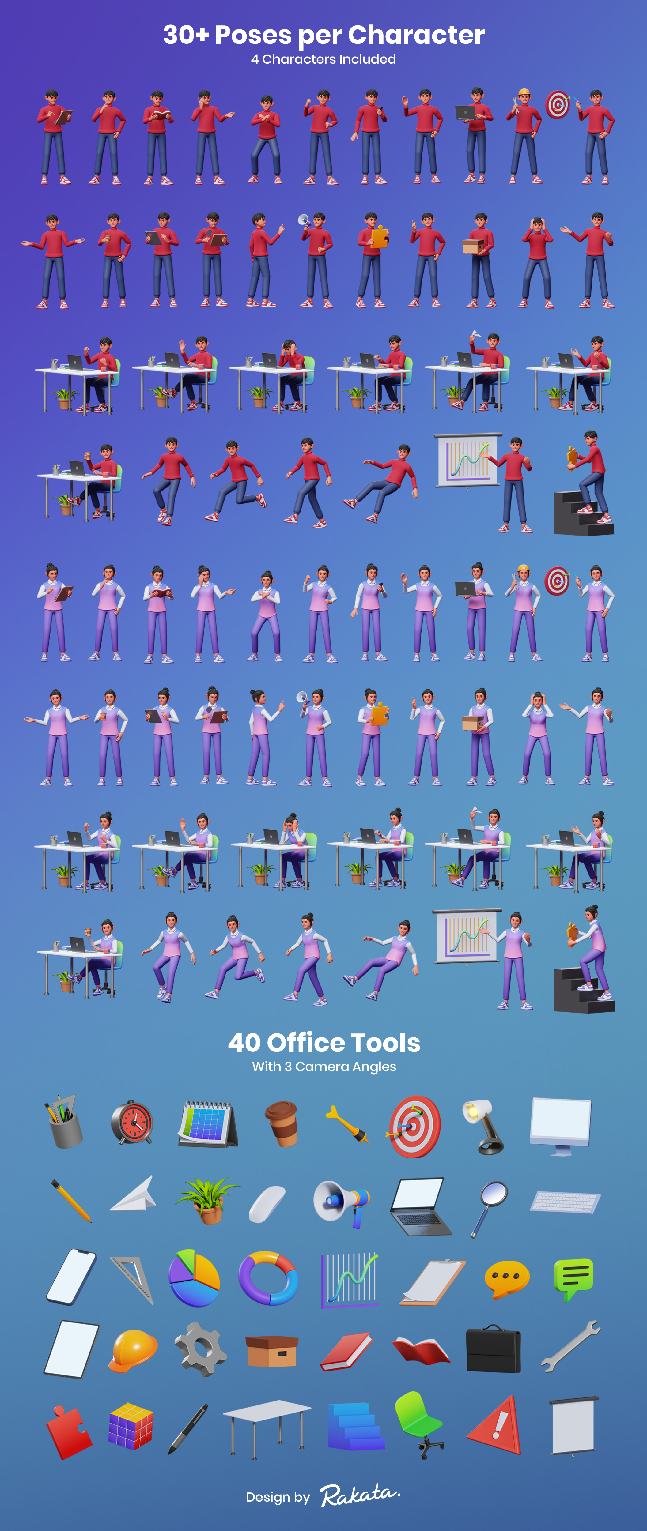 1122 3D男女角色工作办公场景多姿势网页app应用演示插画模型 3D Characters Work Activity