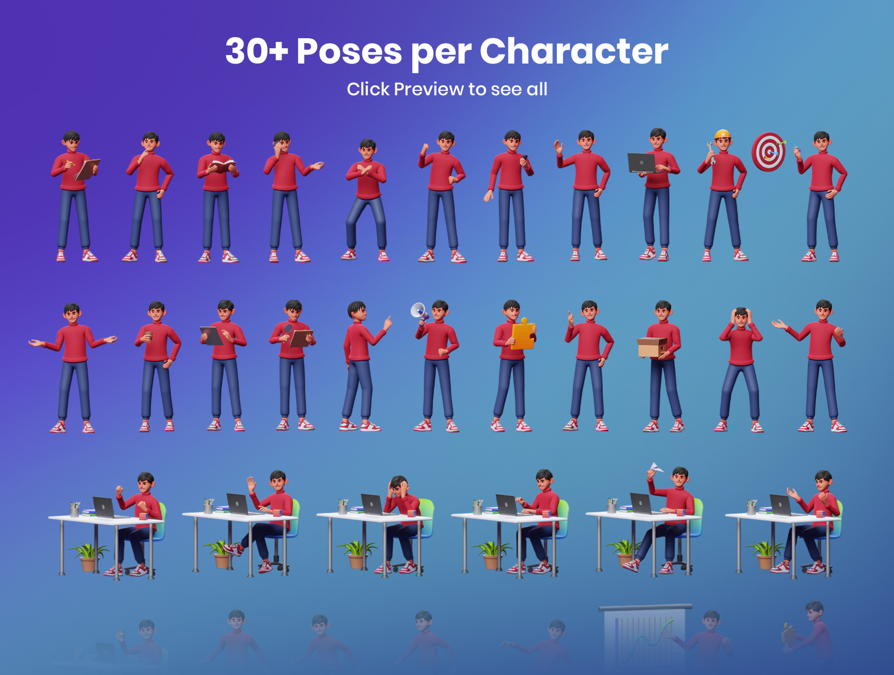 1122 3D男女角色工作办公场景多姿势网页app应用演示插画模型 3D Characters Work Activity