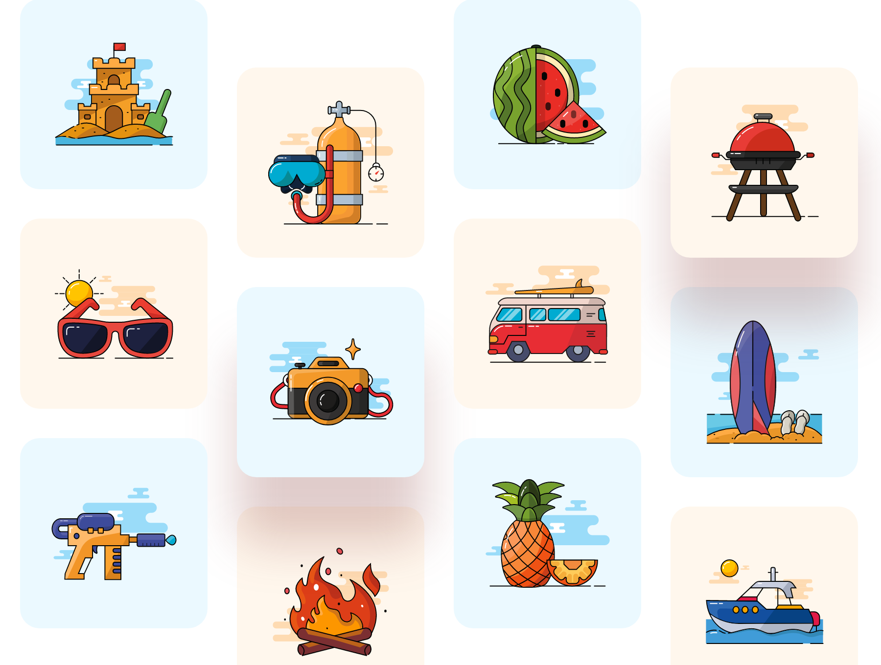 1126 20个夏季旅游度假海边派对图标Icon彩色Summer holiday – Coloured icon set
