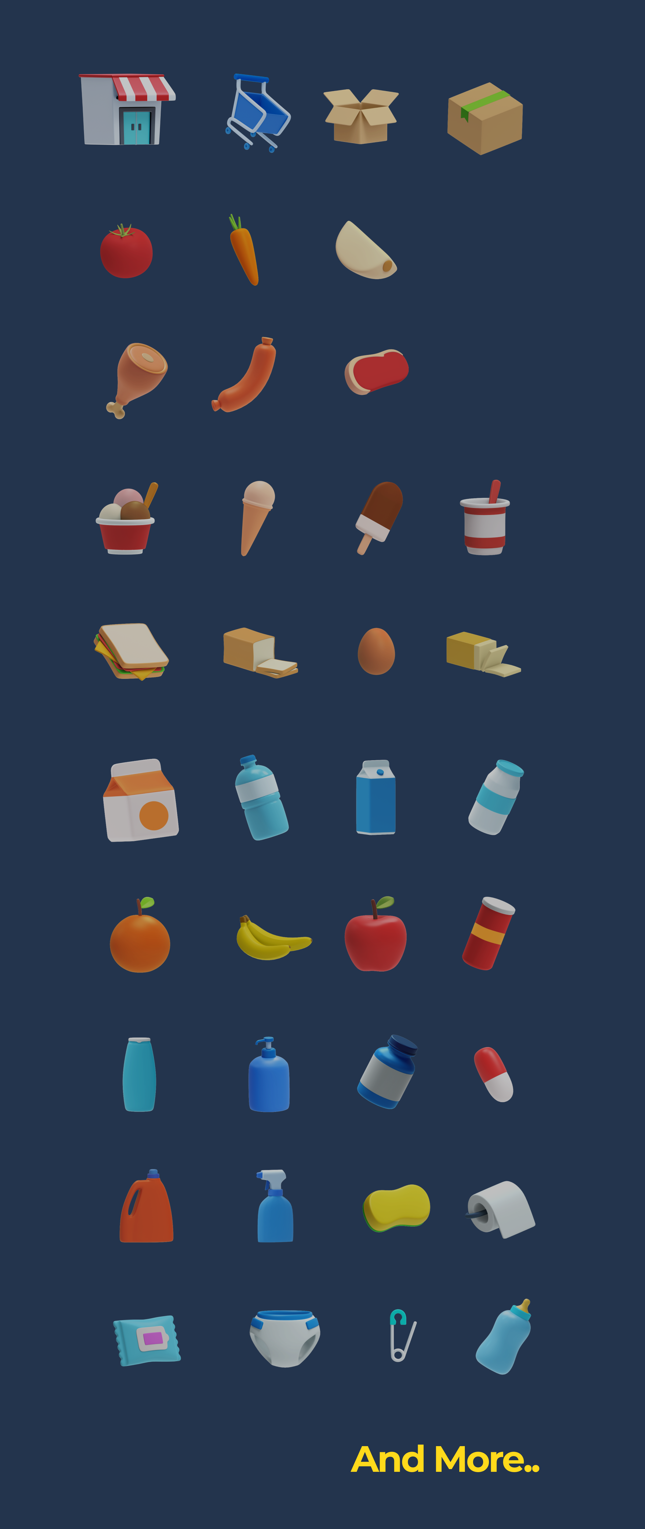 1135 50个高清优质杂货商店日常用品3D图标icon素材合集psd源文件 Reebie 3D Groceries Pack