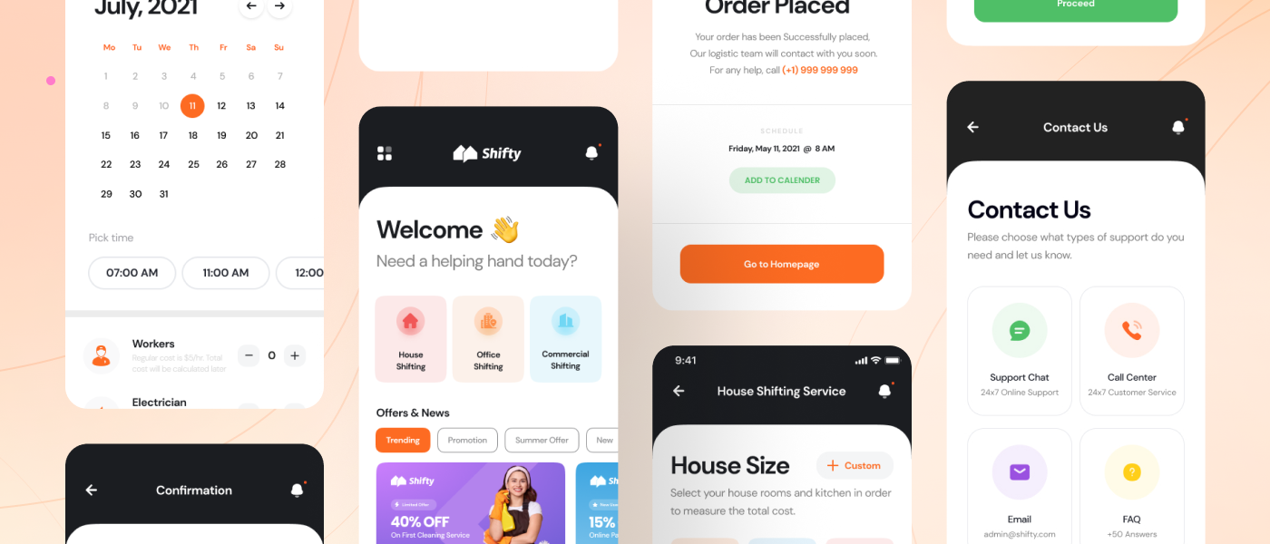 1136 50款Shifty国外家政保洁在线预订服务手机app设计ui模板套件素材 Shifty – Home Service App UI Kit