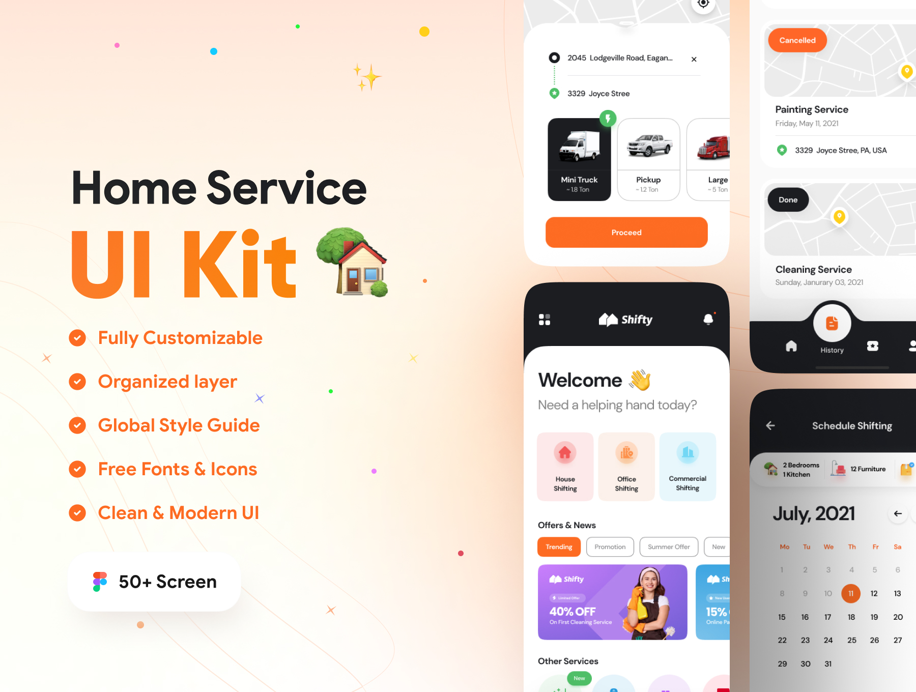 1136 50款Shifty国外家政保洁在线预订服务手机app设计ui模板套件素材 Shifty – Home Service App UI Kit