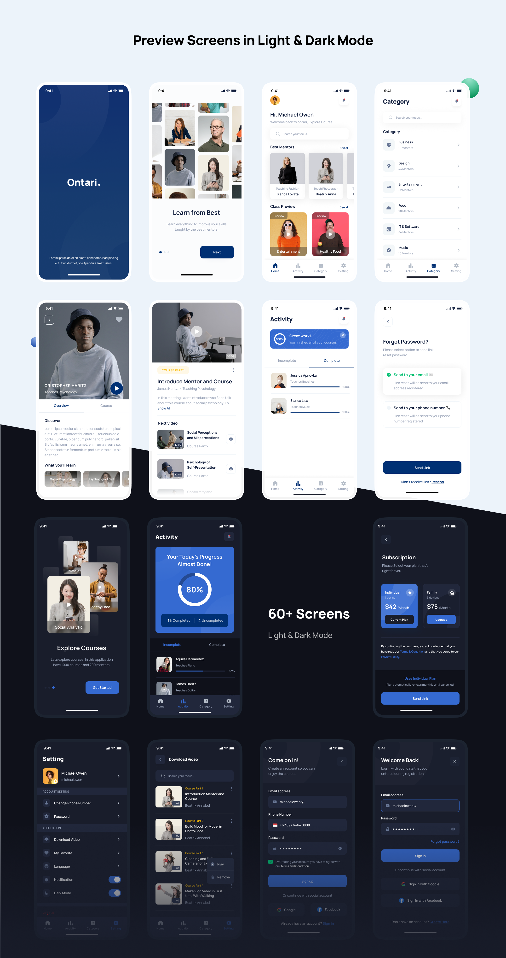 1137 60张明暗主题国外在线教育网上学习辅导班手机app设计ui模板套件 Ontari – E-Learning App UI Kit