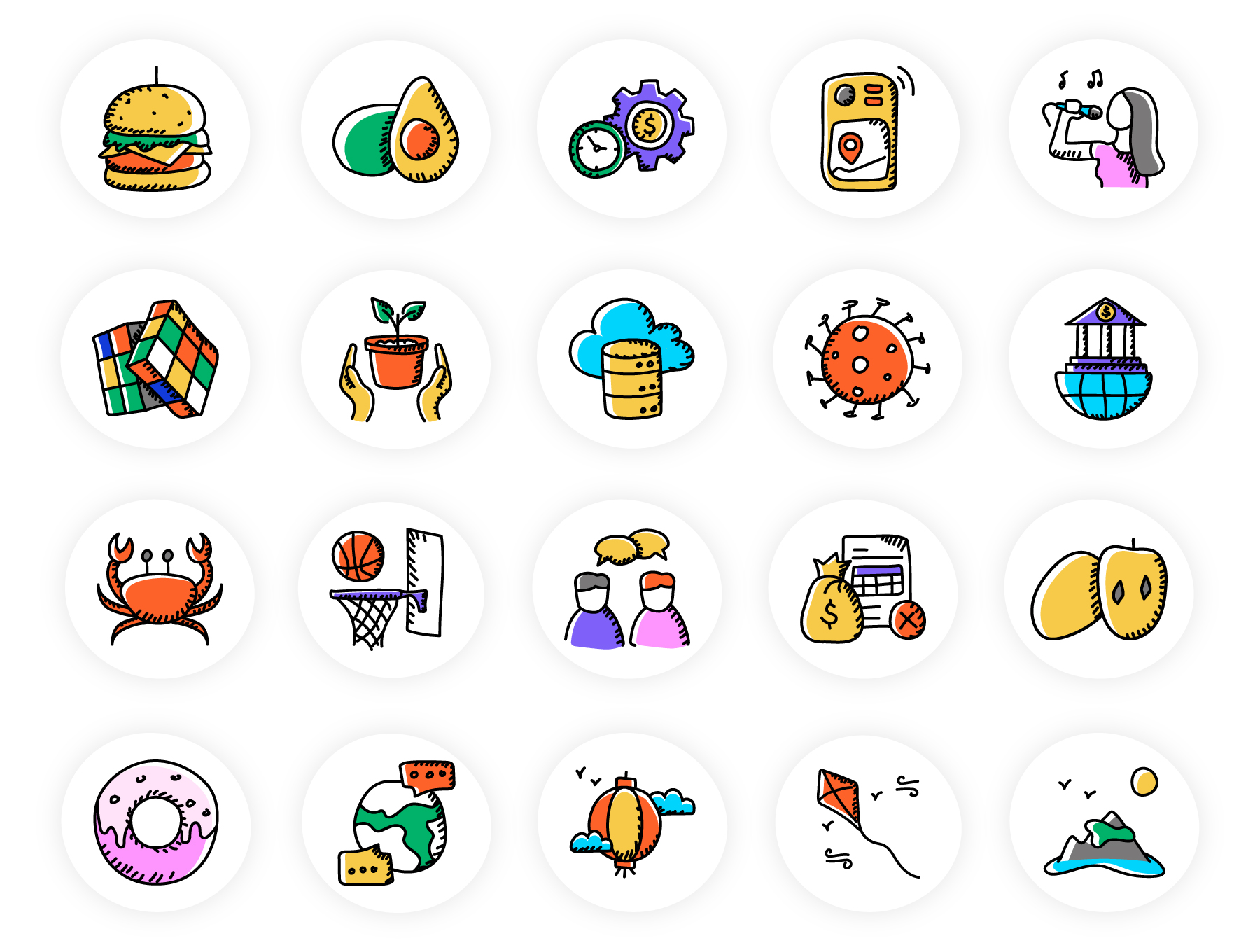 1143 500款精美彩色卡通手绘涂鸦线面矢量图标icon素材sketch源文件 500 Doodle Icons