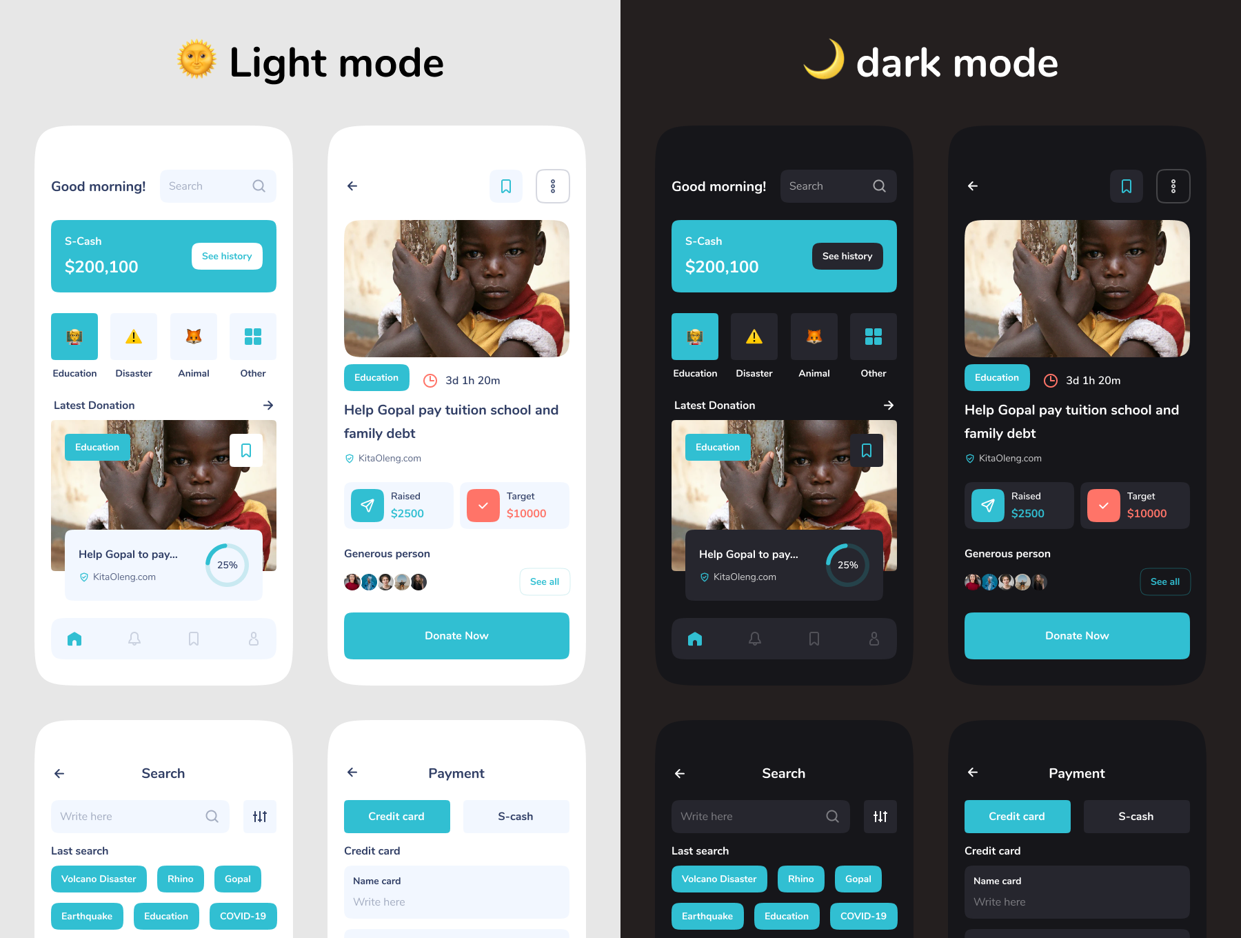 1153 多个带暗黑模式现代风格ui设计素材下载提供figma格式 Sedeqah – Donation mobile app UI Kit