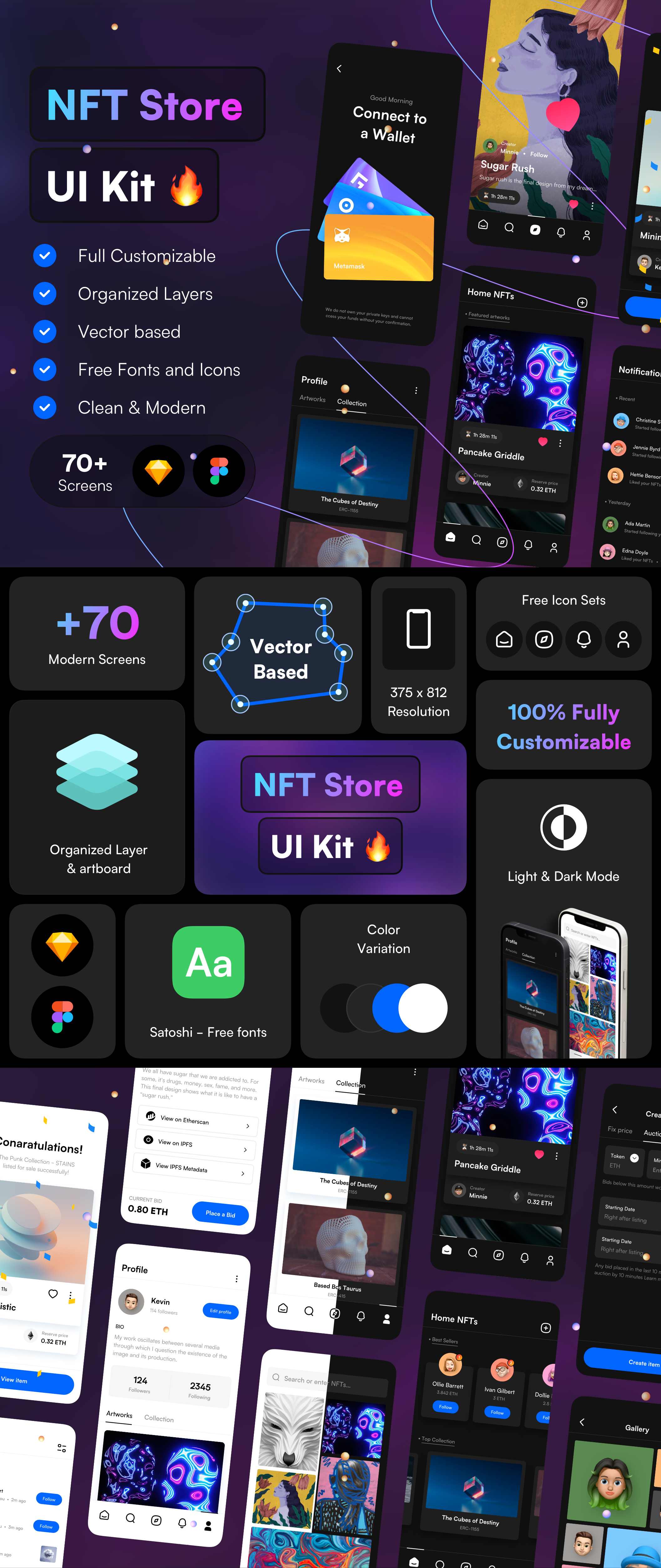 1163 金融类ui设计灵感,NFT艺术品数字加密货币在线商城sketch模板 NFT Store UI Kit