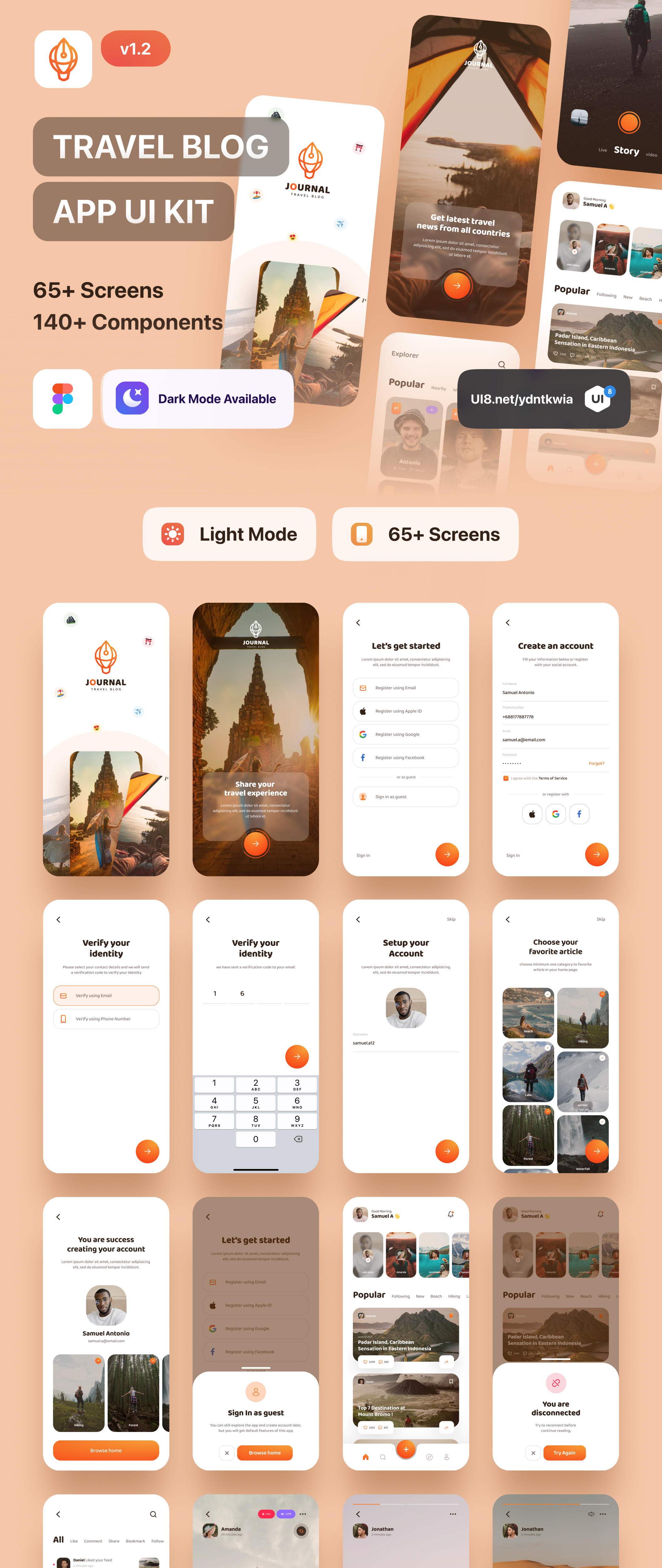 1167 旅游博客社交APP应用程序界面设计套件 Journal – Travel Blog App UI Kit Light Mode