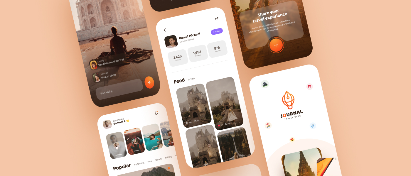 1167 旅游博客社交APP应用程序界面设计套件 Journal – Travel Blog App UI Kit Light Mode