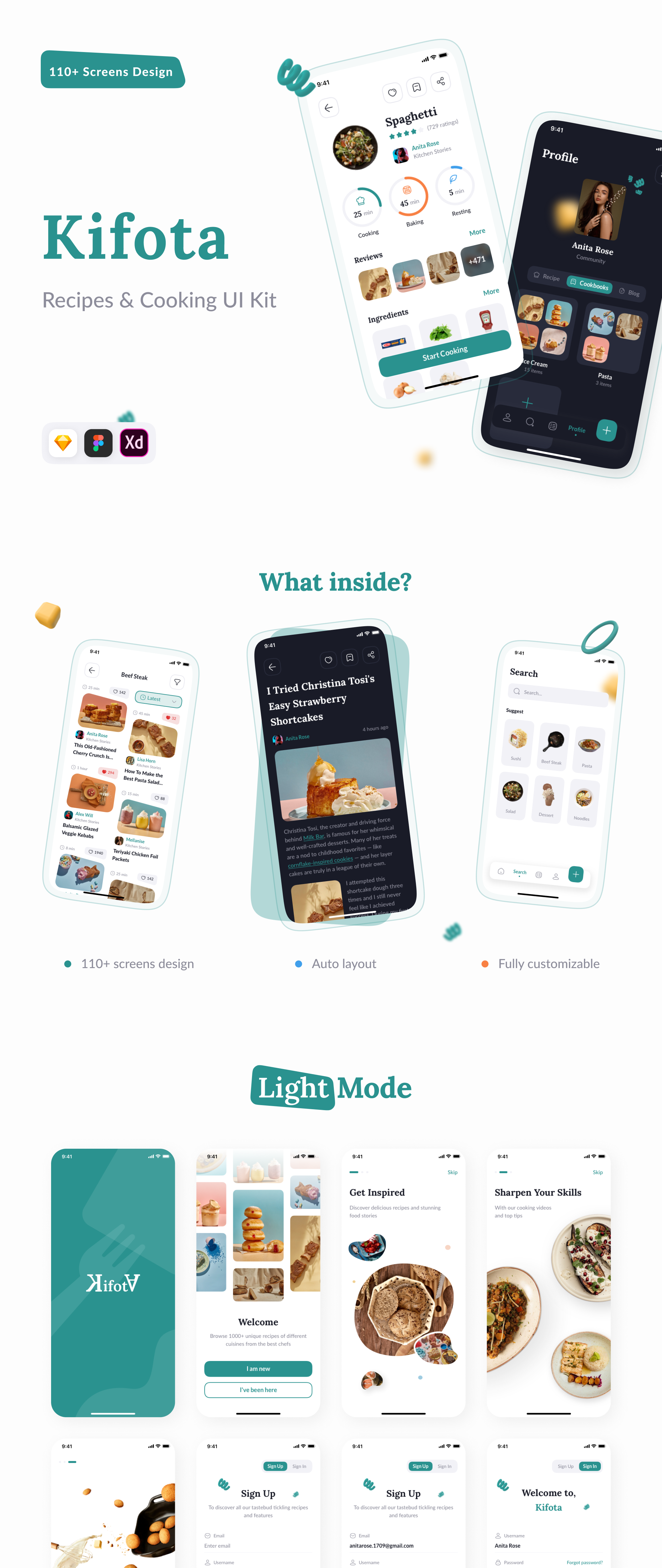 1169 美食食谱烹饪知识分享平台app界面ui设计sketch模板 Kifota – Recipes & Cooking UI Kit