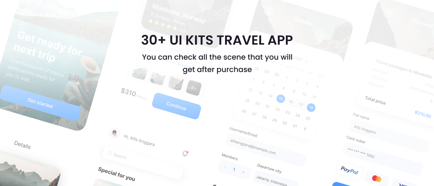 1171 清爽扁平旅游出行预订手机ui模板百度云免费下载 Travelin UI KIT