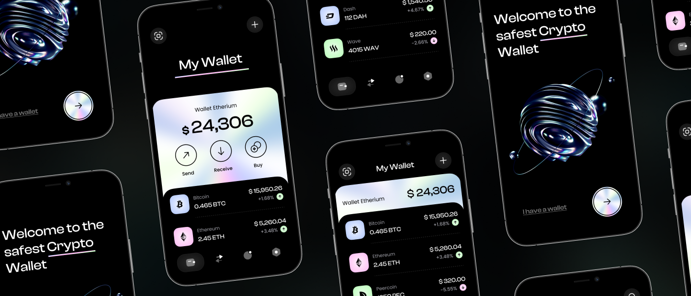 1174 时尚镭射极简金融支付加密货币app应用ui界面开发设计素材模板 Crypto Wallet UI Kit