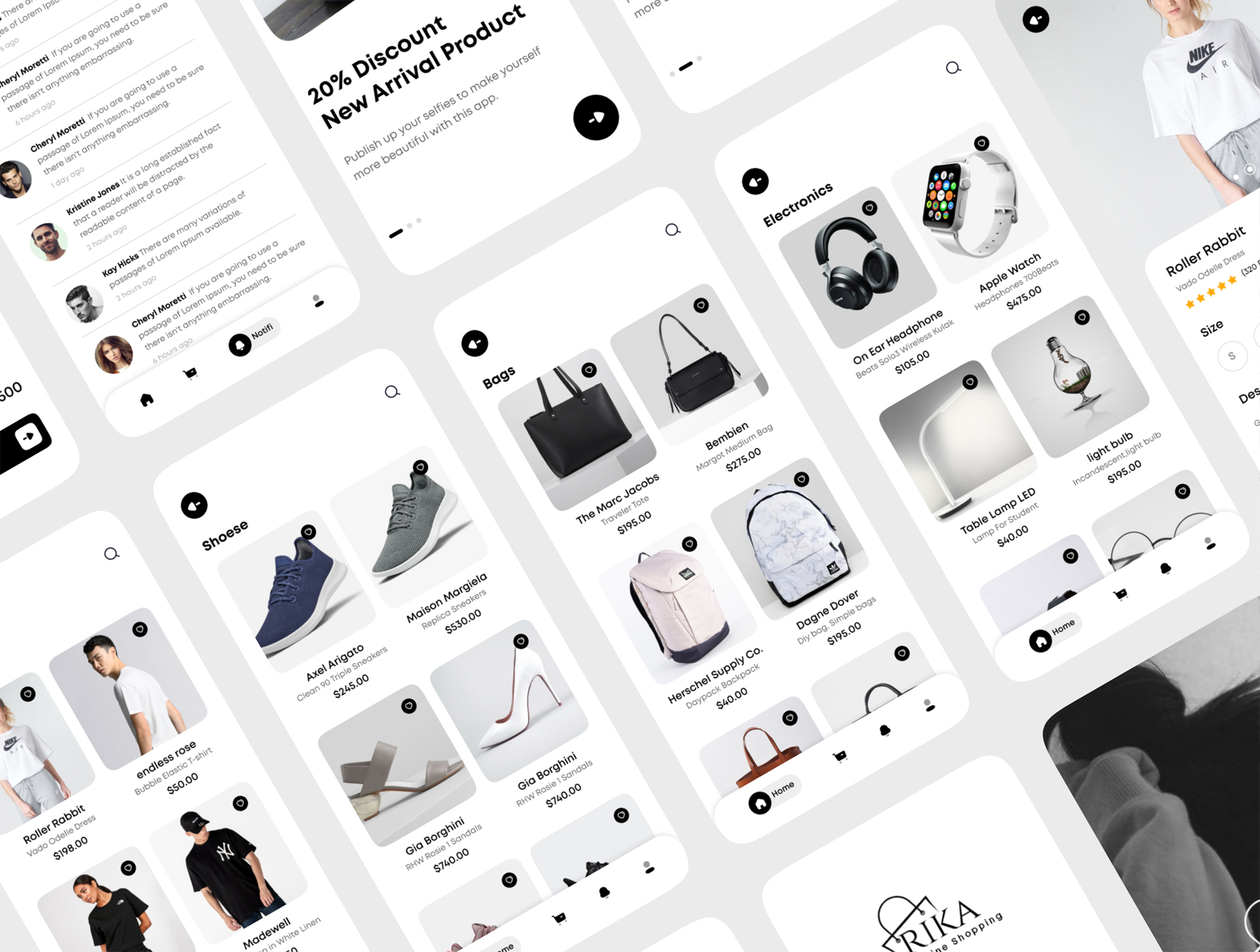 1175 手机电商app设计黑白ui套件sketch模板一套 Rika – eCommerce Mobile App UI Kit