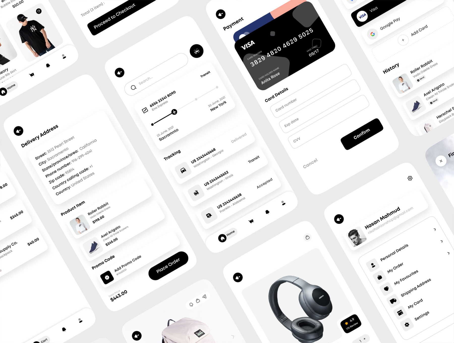 1175 手机电商app设计黑白ui套件sketch模板一套 Rika – eCommerce Mobile App UI Kit