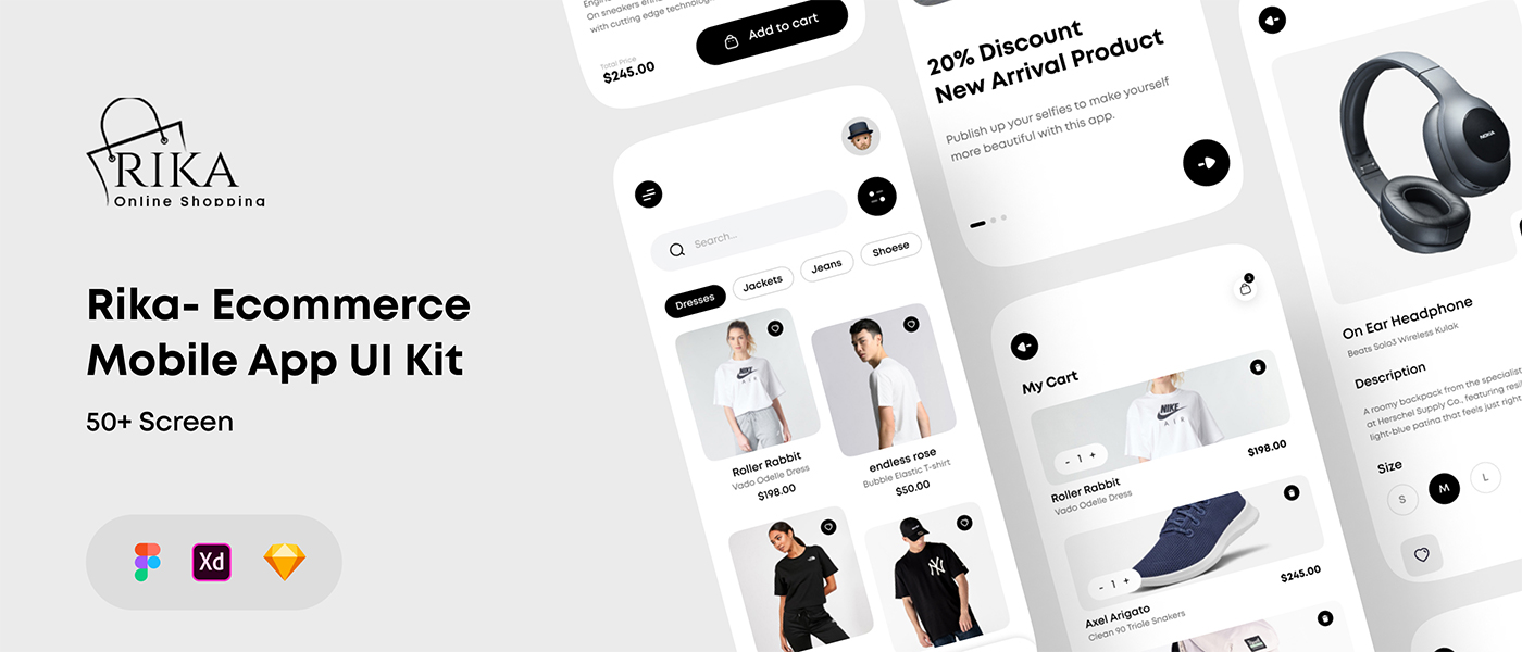 1175 手机电商app设计黑白ui套件sketch模板一套 Rika – eCommerce Mobile App UI Kit