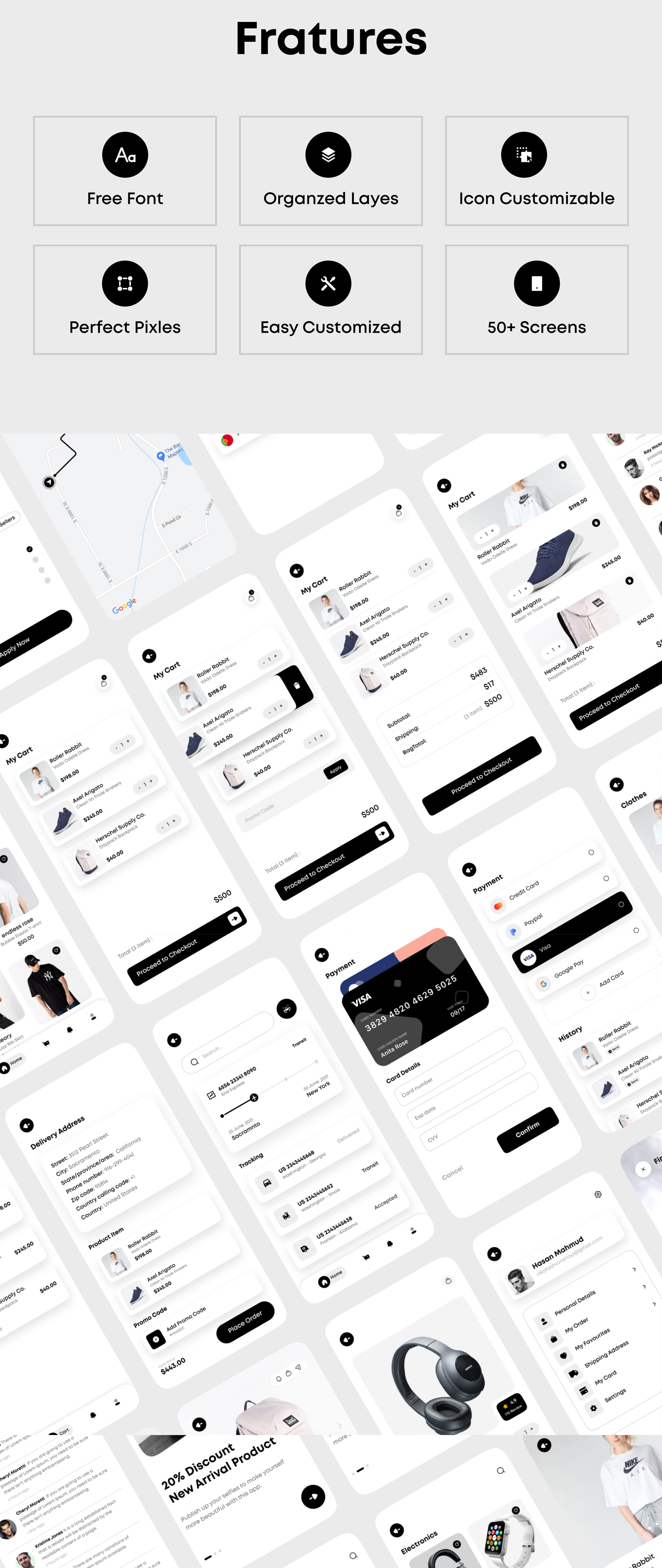 1175 手机电商app设计黑白ui套件sketch模板一套 Rika – eCommerce Mobile App UI Kit