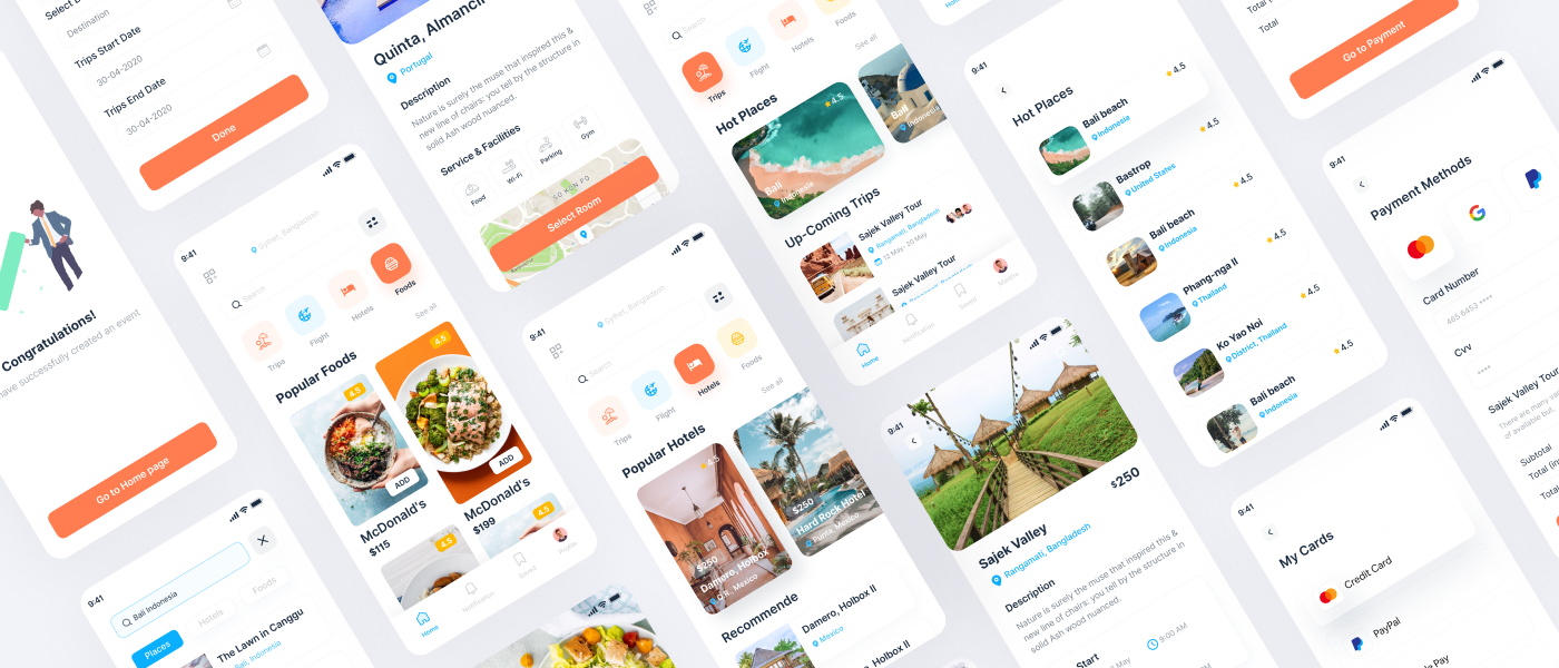 1182 现代时尚旅行社APP应用程序界面设计UI套件素材 Travel App UI Kit