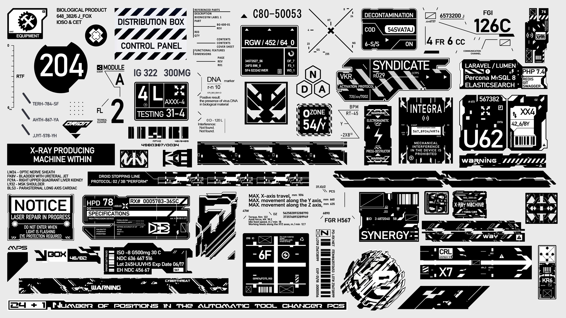 1198 200款复古科幻未来赛博朋克机能工业警示标语标题贴纸设计PSD模板源文件SCI-FI Decals Kitbash Pack
