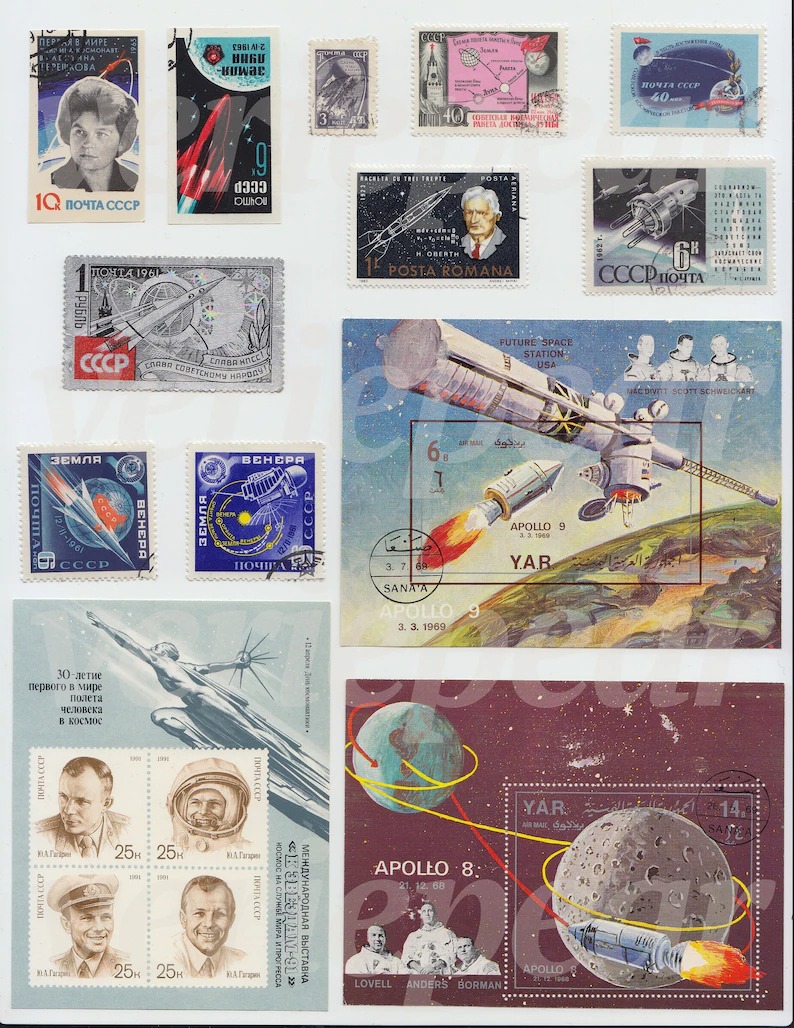 1204 复古太空邮票32 倍太空主题邮票高分辨率照片CLIPARTO 数字下载旧邮票高分辨率照片CLIPARTO 可打印纸蜉蝣剪贴画宇航员Space Stamps