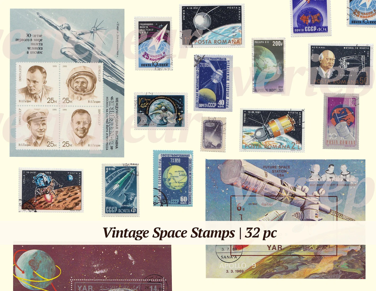 1204 复古太空邮票32 倍太空主题邮票高分辨率照片CLIPARTO 数字下载旧邮票高分辨率照片CLIPARTO 可打印纸蜉蝣剪贴画宇航员Space Stamps