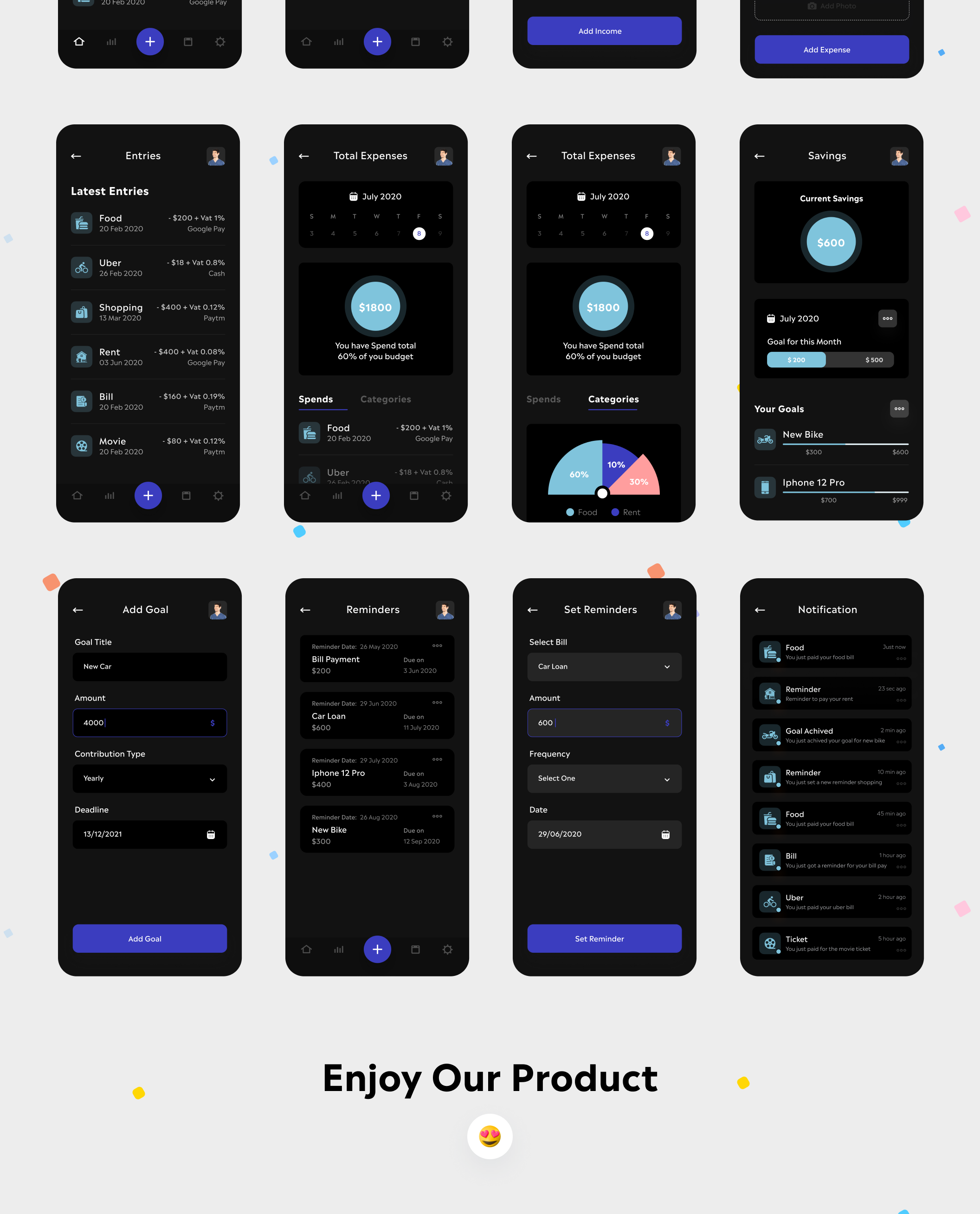 1224 33款财务记账费用开销管理统计金融app设计xd光暗模式模板UI套件 Flux – Expense Management UI Kit