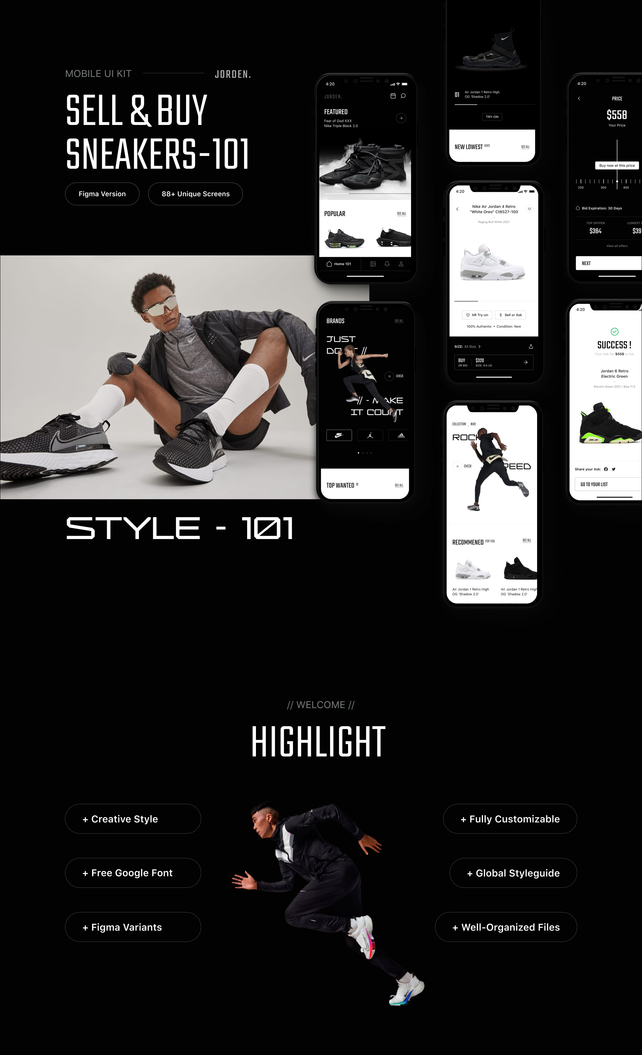1230 88张优秀的移动电商乔丹鞋专卖店购物app界面设计黑色UI套件 Jorden – Sell & Buy Sneakers UI Kit