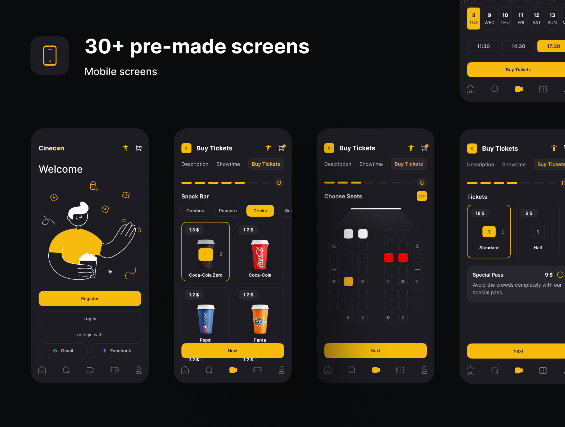 1242 电影影院在线购票APP设计UI模版Cinecon – Cinema Booking App UI Kit