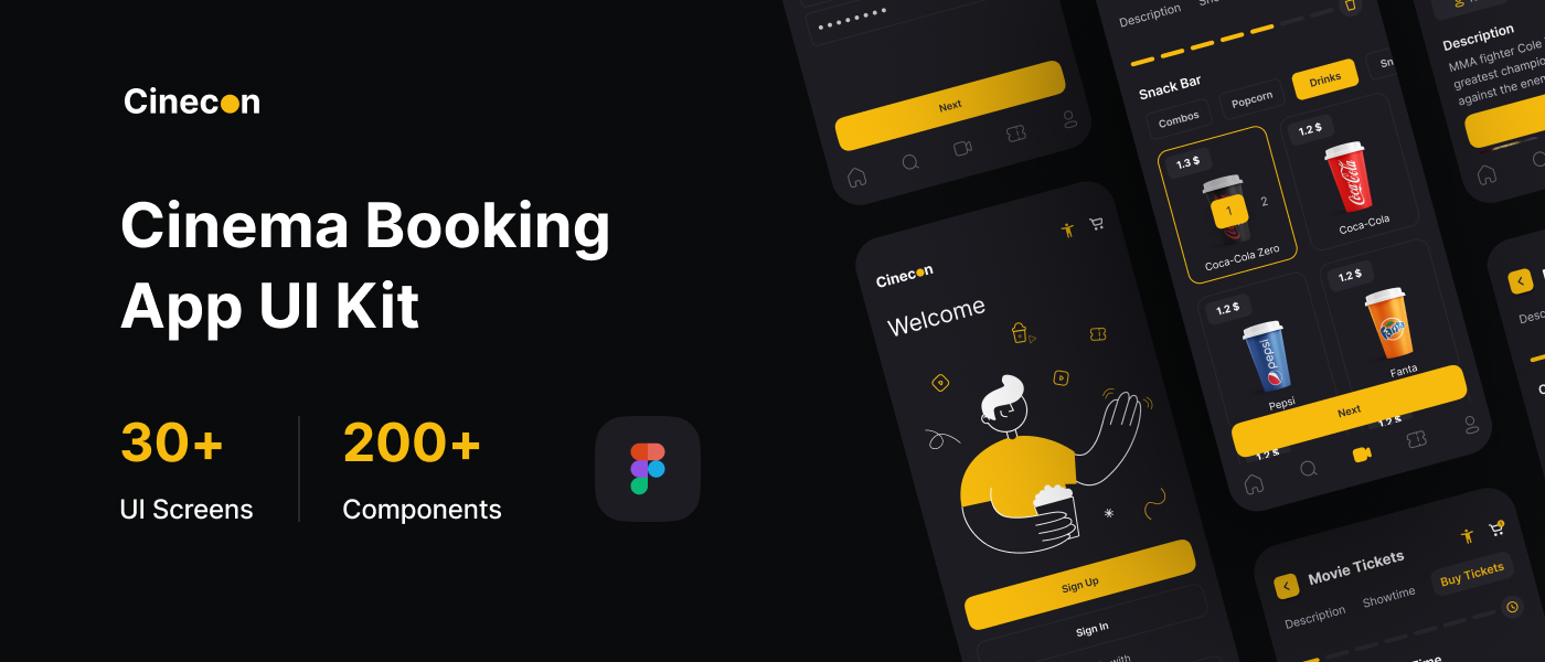 1242 电影影院在线购票APP设计UI模版Cinecon – Cinema Booking App UI Kit