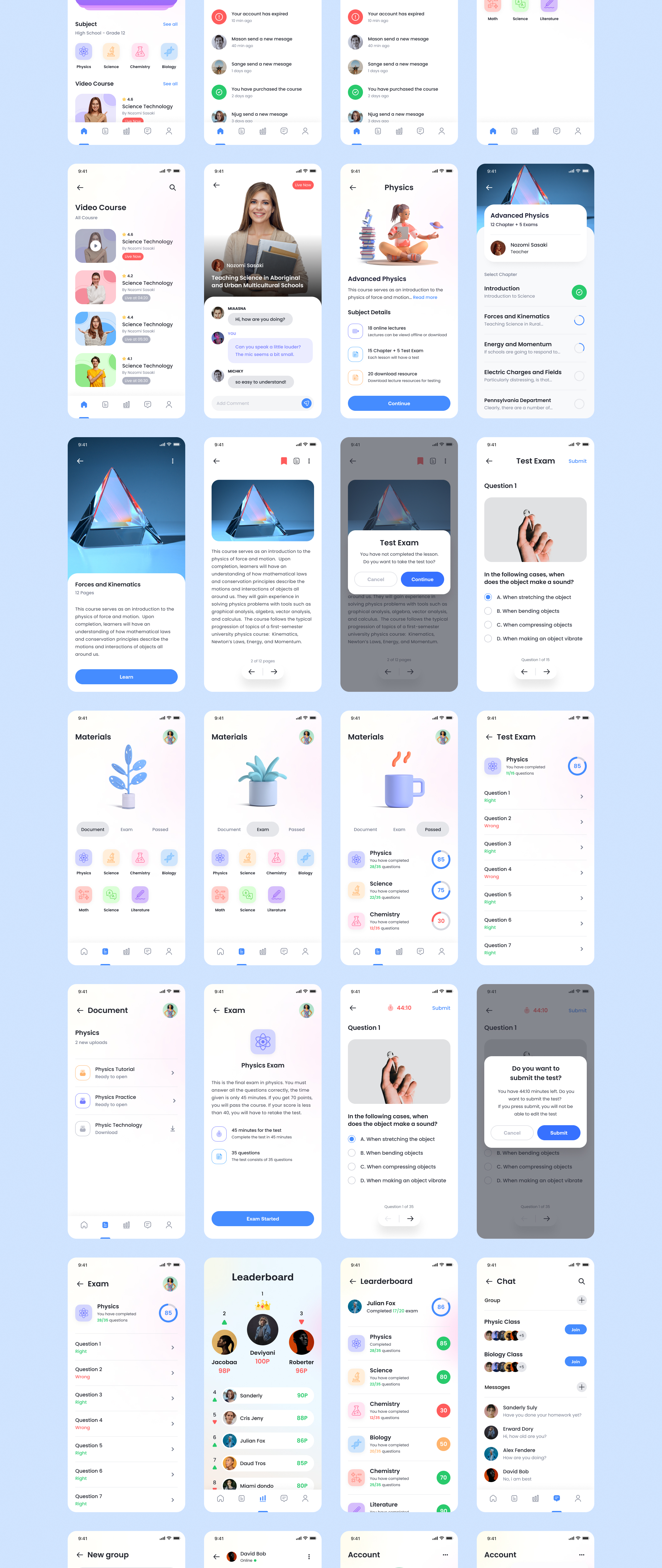 1257 时尚在线学习教育应用程序APP界面设计模板套件 Education App UI Design Kit