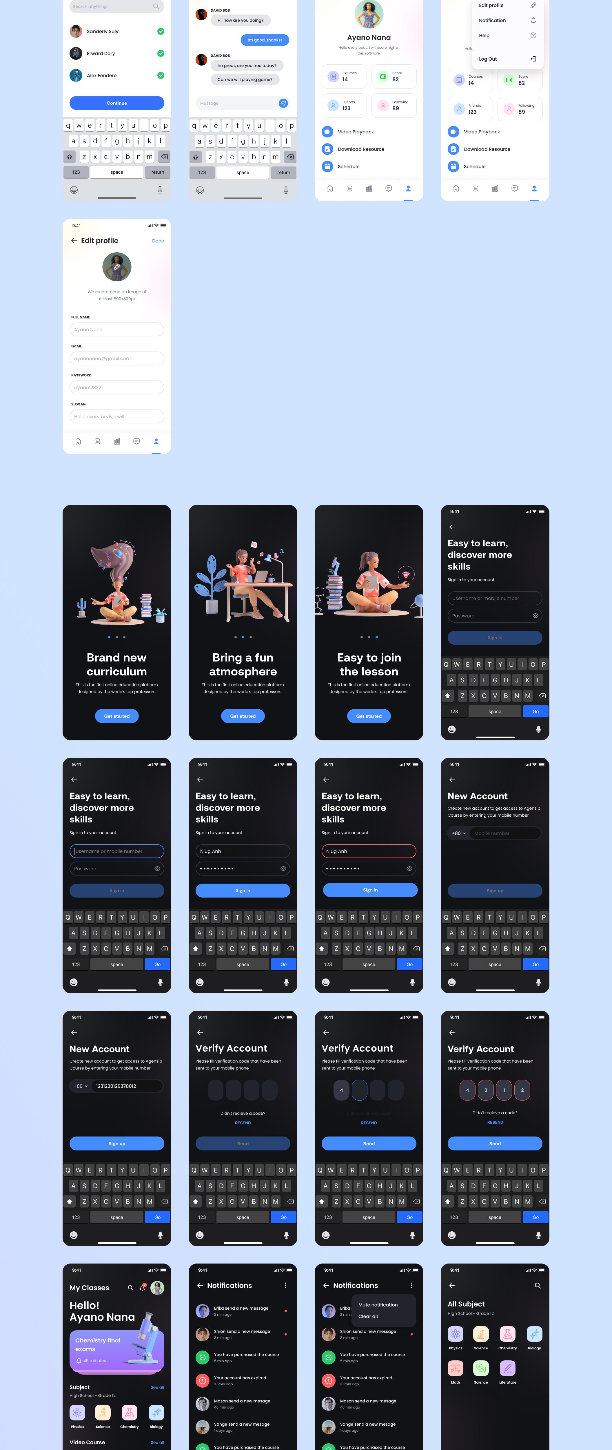 1257 时尚在线学习教育应用程序APP界面设计模板套件 Education App UI Design Kit